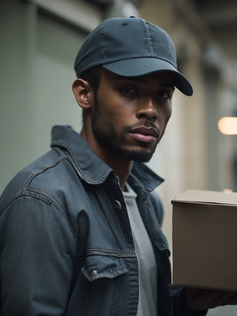 portrait of a delivery man, wearing a cap and t-shirt, holding a box