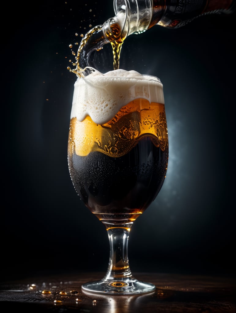 professional photo of a black beer glass, Beer foam coming out of a glass, isolated, black background
