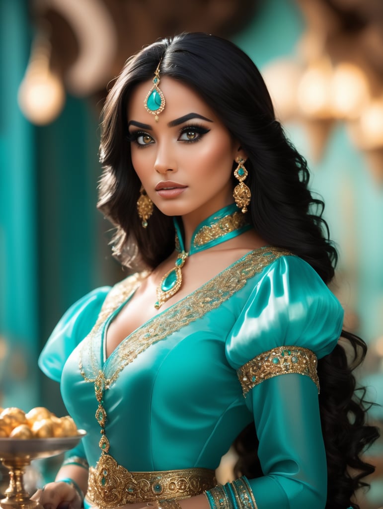 Stunning Princess Jasmine, 8k photo, cinematic style, subdued dramatic light, blurred bokeh background, translucent chef's turquoise outfit decorated with gold, large beautiful eyes with eyeliner, long black thick hair