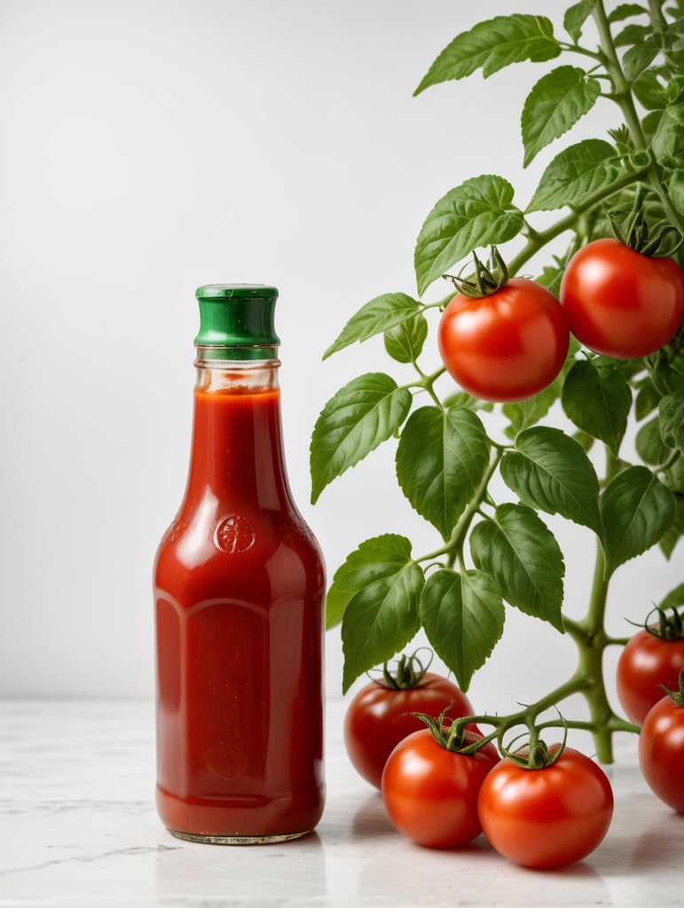 tomato ketchup bottle, red tomato with green leaves, isolated, white background