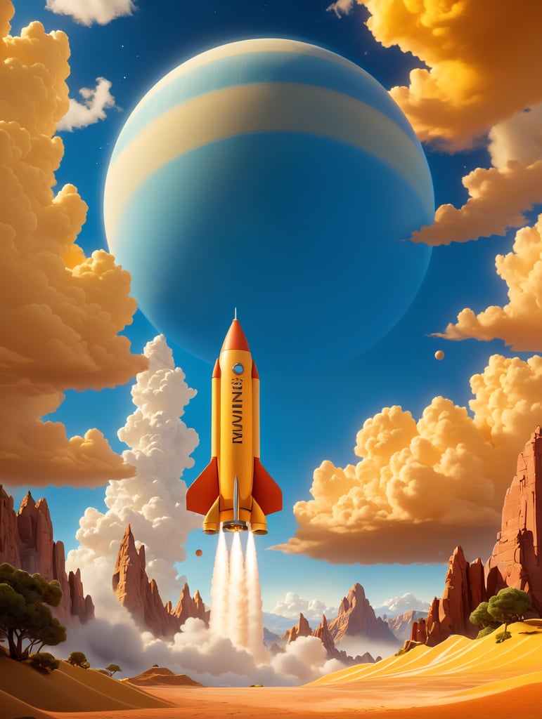 Ein Vintage-Reiseplakat für Venus im Hochformat. Die Szene zeigt die dicken, gelblichen Wolken der Venus mit der Silhouette eines sich nähernden alten Raketenschiffs. Geheimnisvolle Formen deuten auf Berge und Täler unter den Wolken hin. Der untere Text lautet: „Explore Venus: Beauty Behind the Mist“. Das Farbschema besteht aus Gold-, Gelb- und sanften Orangetönen und erweckt ein Gefühl des Staunens.