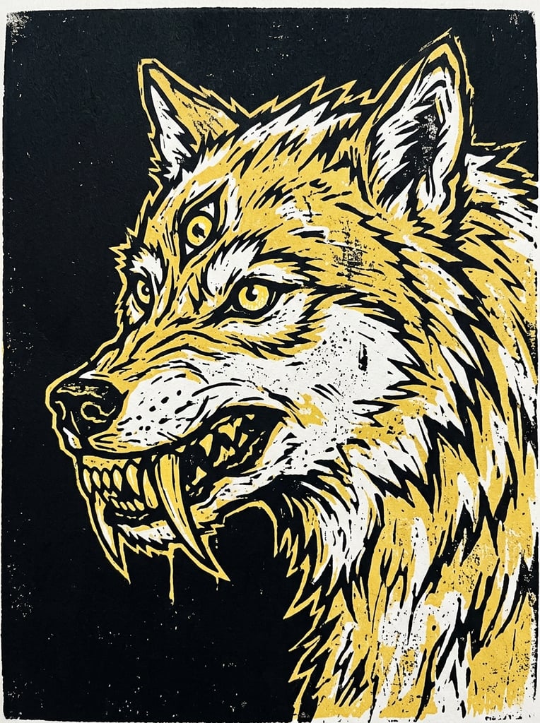 yellow and white multi-eyed wolf head profile, three eyes, long curved fangs, jagged fur, distressed block print style, heavy black outlines, solid black background