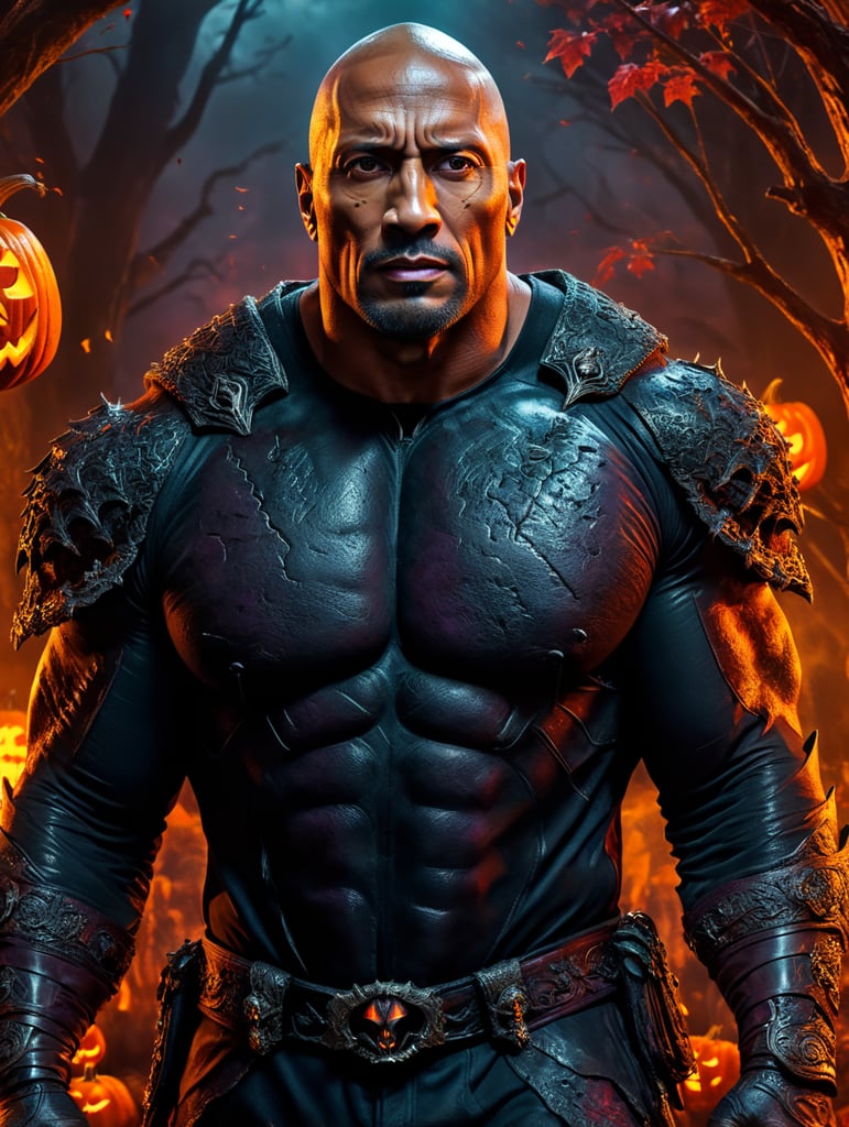 Dwayne Johnson wearing spooky Halloween costume,Sinister, Vivid saturated colors, Contrast color