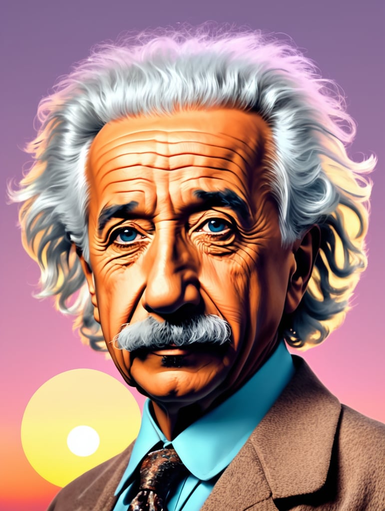 pop art comic style popular photo Albert Einstein, stylish, sunset, pastel colors --quality 2 --s 750 --v 5.2