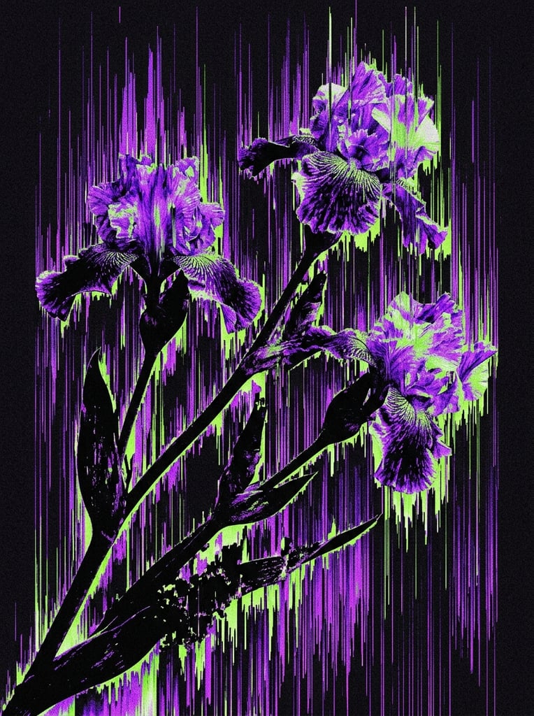Three iris flowers with stems and leaves angled upward from the bottom left, rendered in an intense digital glitch art aesthetic heavily featuring vertical pixel sorting. The botanical forms are fractured and distorted, dissolving into jagged, continuous vertical streaks that stretch upwards and downwards like dripping digital paint. The high-contrast color palette consists of vibrant electric purple, neon lime green, and stark, void-like black. The stems, leaves, and core structures of the irises appear as dense black silhouettes melting into the vivid neon colors along their edges. The frilled petals of the blooms are fragmented by extreme databending effects, bleeding their bright purple and green hues into sharp vertical lines across the solid black background. A coarse, grainy digital noise texture coats the entire composition, creating a highly synthesized, corrupted visual atmosphere where the organic floral shapes seamlessly integrate with the harsh, vertical digital interference.