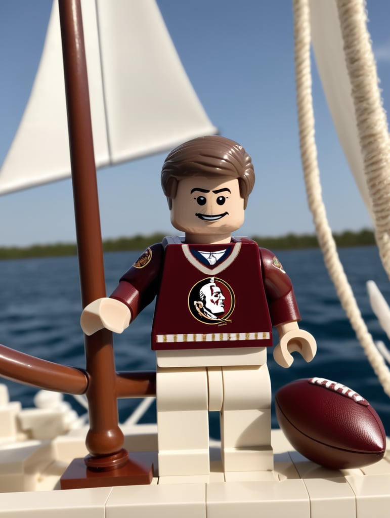 Lego JFK wearing a Florida state seminoles football jersey while sailing