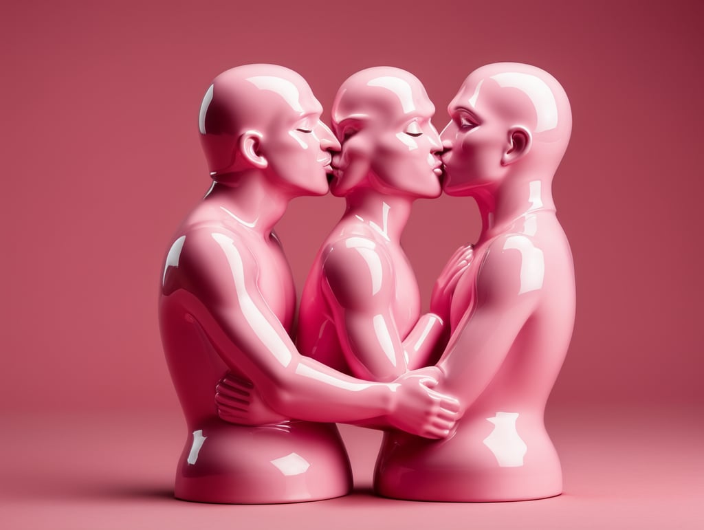 Kiss Art: Two pink glazed ceramic single color figures kissing each other, isolated, pink background