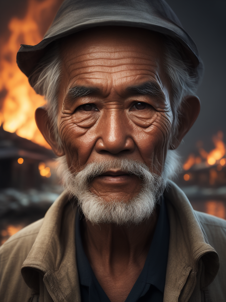 A close-up of a Vietnamese old man's face, illuminated by the light of a fire, with a backdrop of a dirty river and a shanty town.