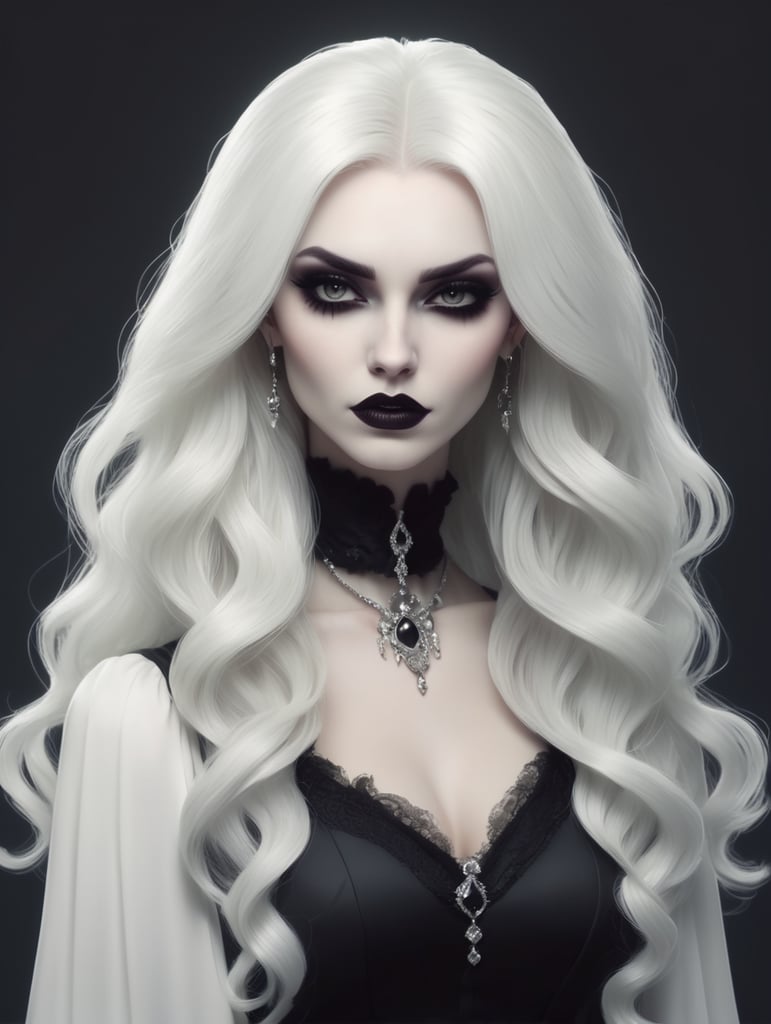 White pale vampire woman with black dark hair. Animated style. 80's style. Gotic style