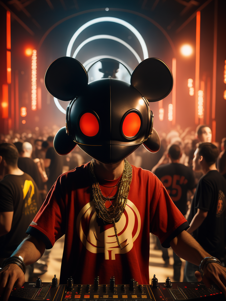 Deadmau5 dj playing in the night club, Red oversize t-shirt and gold chain, hall full of people having fun in the background, ultra realism, super detailed, neon colors