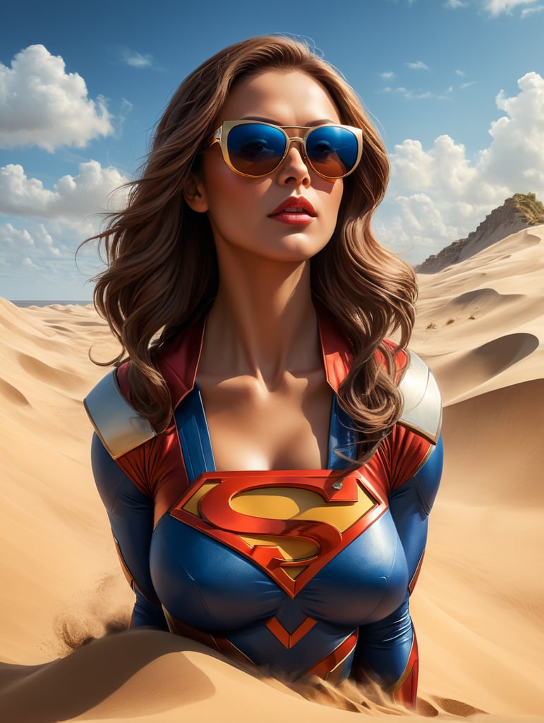 Superwoman ANNA, with brown hair, wearing big square sunglasses. Big letter A on breast. Levitating over sand dunes. Headline in big letters ANNA. A poster in comicbook style