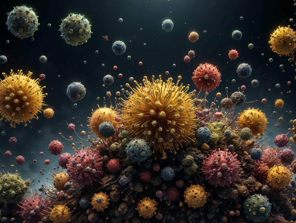 View of microscopic particles in the air such as bacteria, pollen, viruses and other particles floating at several levels but which do not touch each other.