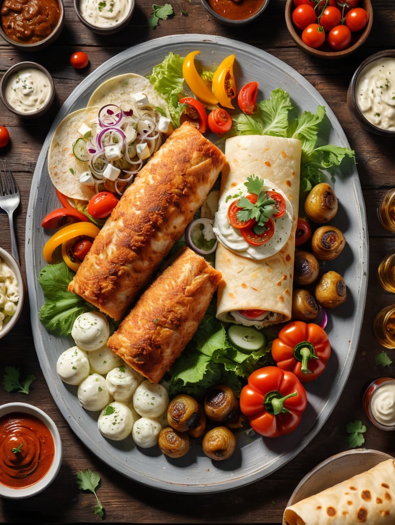 Cordon. Marinated chicken fillet fried with onions, champignons, bell peppers, wrapped in freshly prepared branded lavash with sauces, Mozzarella cheese, cherry tomatoes, pickled cucumbers, Iceberg lettuce. The side dish is served rustic potatoes with a special nut sauce, a glass of beer