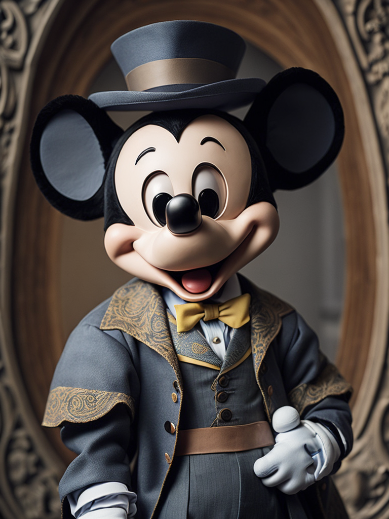 Portrait of Mickey Mouse in rococo dress. psychedelic, trippy, extremely detailed vibrant, cinematic lights, hyper realistic, hyper detailed, Sony Alpha α7, photorealistic