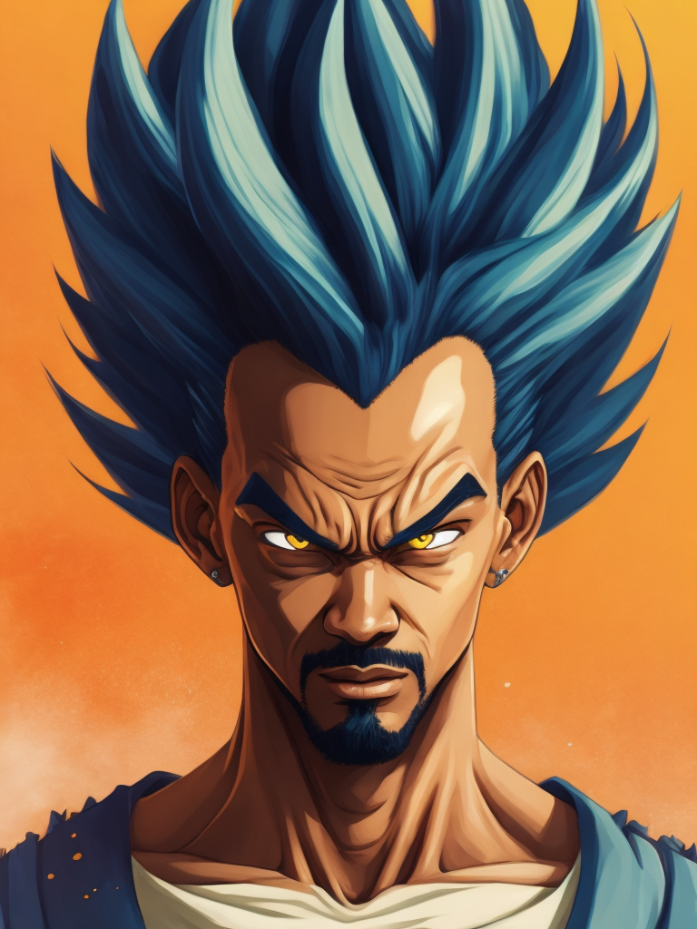 Will Smith as Dragon Ball character Vegeta, aggressive face, blue and white suit, spiky hairstyle, bright saturated colors, bright gradient background,