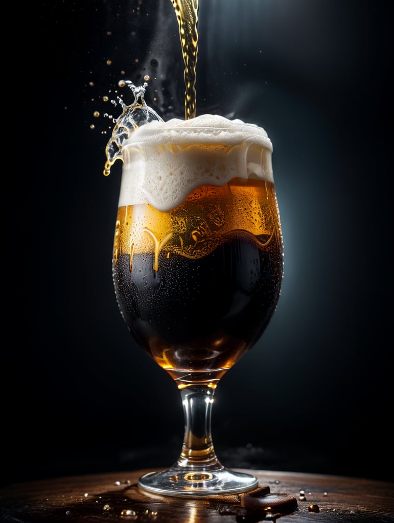 professional photo of a black beer glass, Beer foam coming out of a glass, isolated, black background