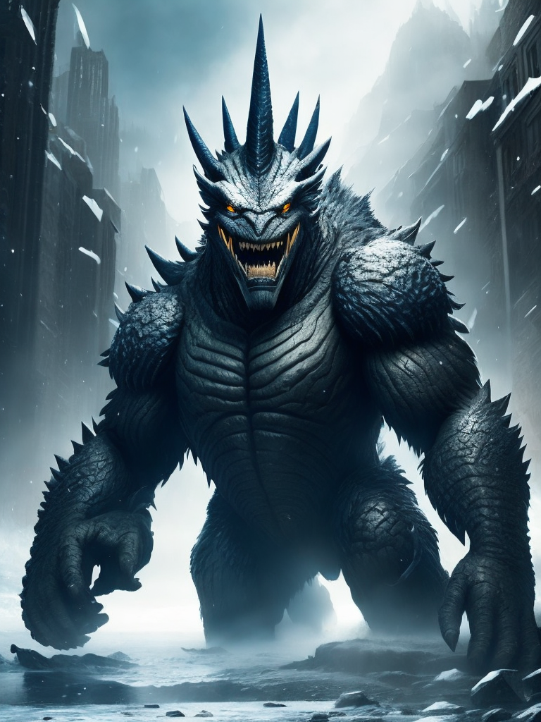 Shimu: The very first kaiju and origin of all other kaiju. He has sharp space ice crystals protruding from his back which has the ability to freeze the earth he has sharp teeth and his body is equipped with a tail with 4 sharp ice crystal spikes pLaced at the end to use as a weapon. Shimu is a giant monster, a kaiju. A foe to Godzilla and all other titans.