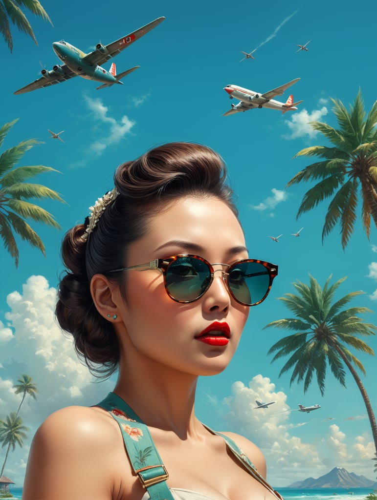 Pin up art, portrait, a old Japanese mafioso raised his head up, looks at the sky, sunglasses, one airplane flies in a clear sky and leaves a mark, summer, palms around, palms reflected on a sunglasses, turquoise shades, style by Gil Elvgren