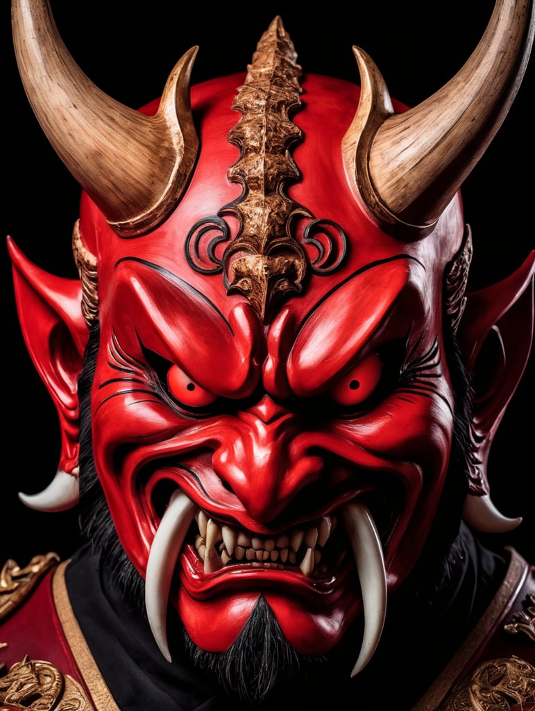 wooden red japanese demon mask with fangs and horns, black background, aggressive, Depth of field, Incredibly high detail