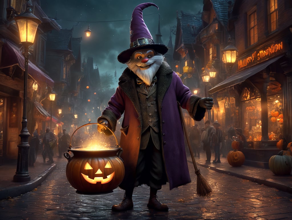 A charming and mischievous Full body Character in the middle of Street at night, halloween theme, Disney Pixar style, wearing a pointy hat and holding a bubbling cauldron