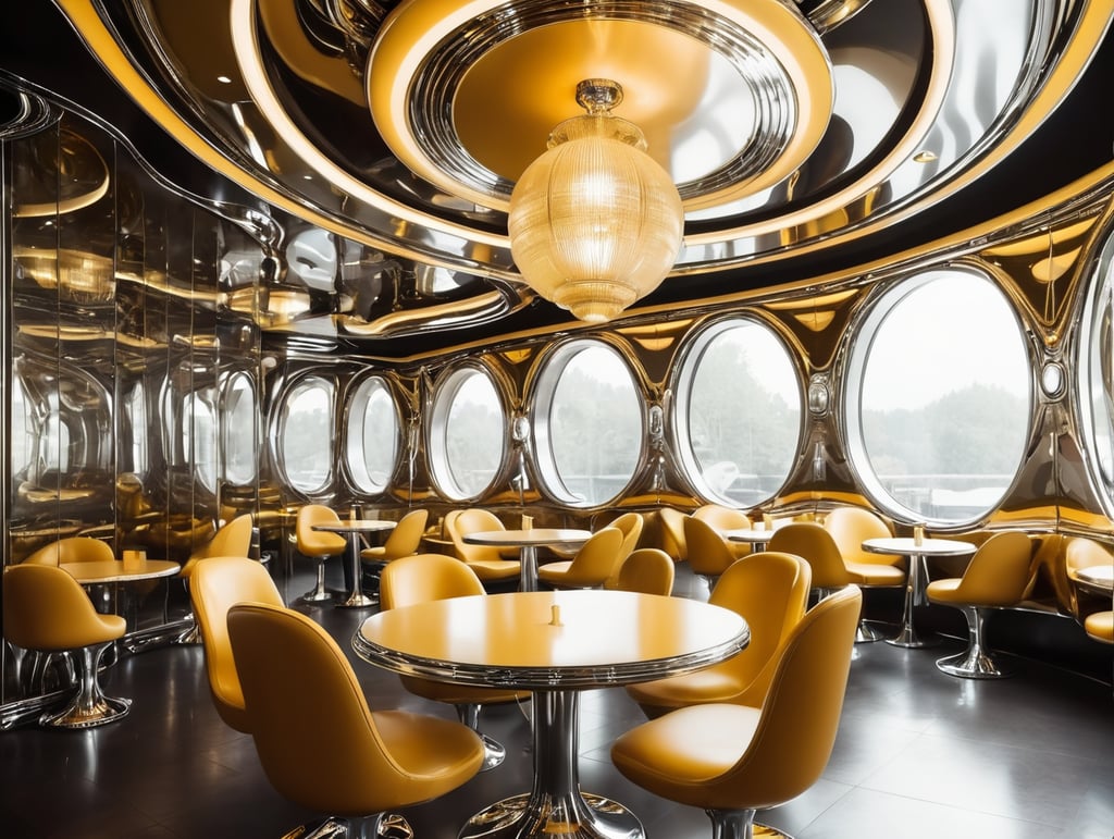 Futuristic interior of UFO cafe. Alien interior, chrome and gold tones