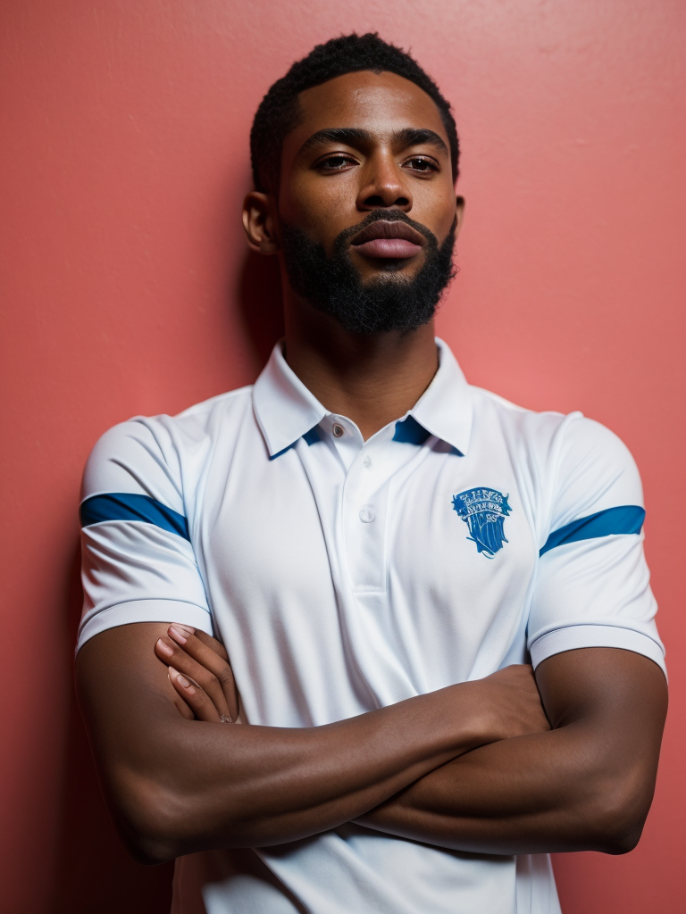 a soccer player stands in a front of the pink wall