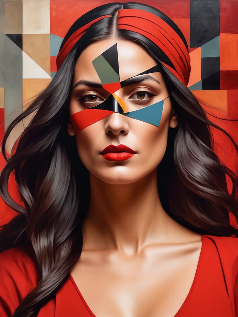 Woman Portrait Cubism Pablo Picasso Style,with blindfold and long hair, red and black hair