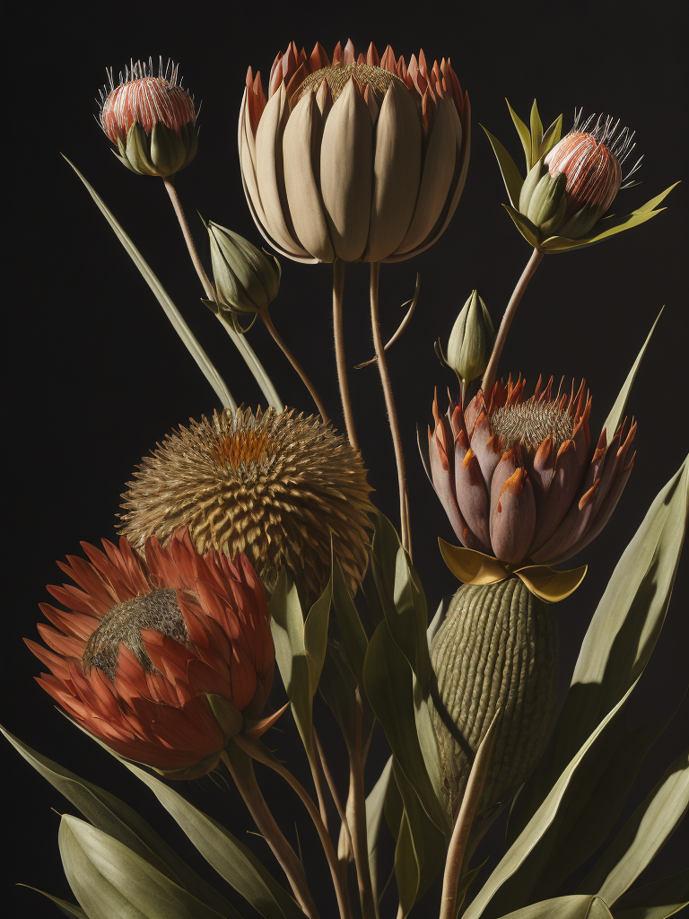 Detailed king proteas and pincushions against a black backdrop by martin johnson heade, artstation