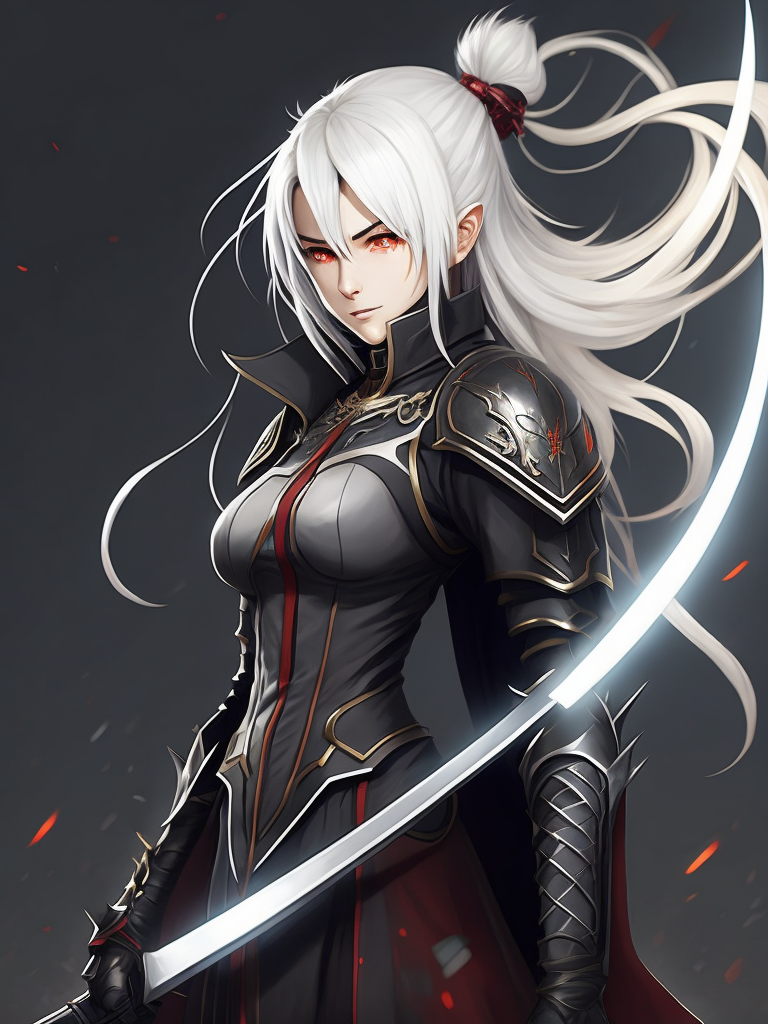 Create a digital artwork featuring an anime girl with white hair and red eyes, holding a sword
