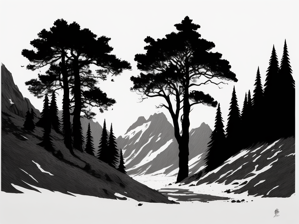 simplistic mountain scene with sparse pine trees, black and white pen and ink drawing