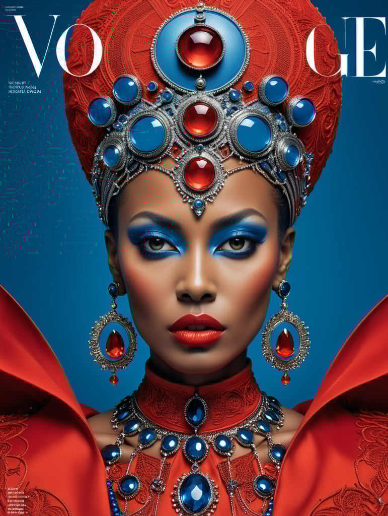 Vogue cover, Donyale luna, avant-garde, simplygo, photoshoot spread, dressed in all red, blue background, harpers bizarre, cover, headshot, hyper realistic