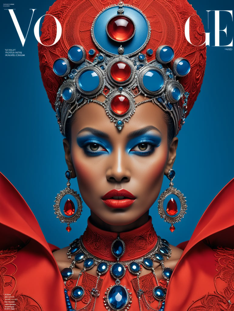 Vogue cover, Donyale luna, avant-garde, simplygo, photoshoot spread, dressed in all red, blue background, harpers bizarre, cover, headshot, hyper realistic