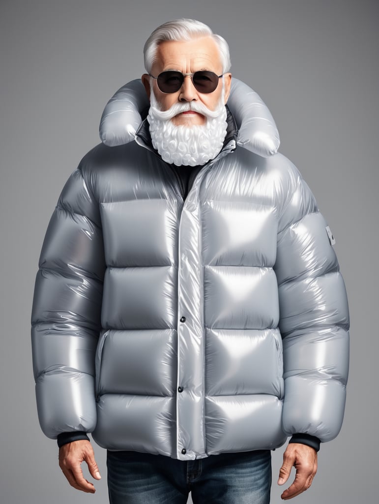 Inflatable white minimalist old man with beard puffer jacket, transparent, isolated, grey background, mockup