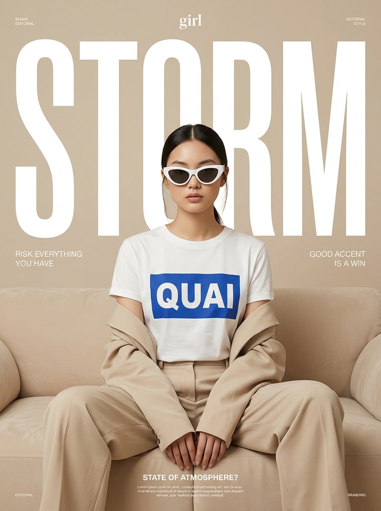 Create a fashion editorial poster with a minimalist beige background and a clean modern magazine aesthetic. Place a huge white uppercase word “STORM” across the top and behind the model as the main graphic element, bold and oversized, filling most of the upper composition. In the center, show a stylish young woman sitting in a relaxed pose on a soft beige sofa or lounge chair. She has sleek dark hair parted in the middle and tied back, a calm confident expression, and wears oversized white futuristic cat-eye sunglasses. Her outfit is neutral and minimal: a white T-shirt with a bold blue rectangular chest print reading “QUAI”, loose beige pants, and a beige jacket draped casually around her arms. Add small editorial text details around the layout, such as a tiny “girl” at the top center, small labels in the corners, and short fashion-style phrases on the left and right like “RISK EVERYTHING YOU HAVE” and “GOOD ACCENT IS A WIN.” At the bottom, include a small caption block with a heading like “STATE OF ATMOSPHERE?” and a few tiny lines of descriptive text. Style: clean editorial fashion poster, monochrome beige palette with white and blue accents, soft studio lighting, modern typography, minimal layout, high-end magazine cover feel, balanced composition, sharp focus, and polished contemporary branding.