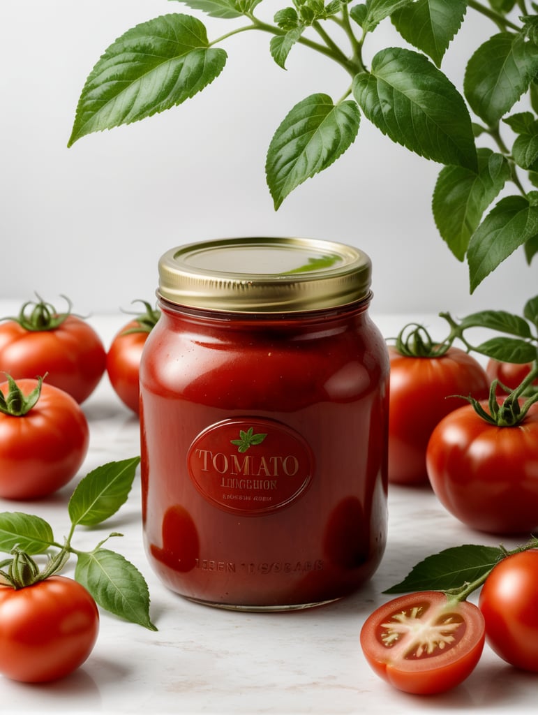 tomato ketchup jar, red tomato with green leaves, isolated, white background, mockup