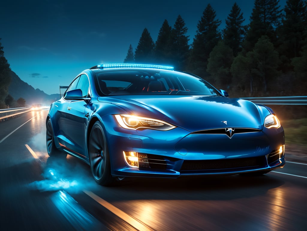 focusing on the front part of the car and the headlights, render a highly detailed, clean, tesla car speeding on highway from right to left with blue neon lights, blue headlights and light blue neon trails