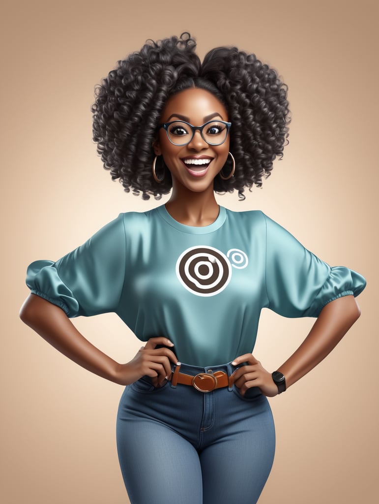 Create a 3D illustration of a character 32 year old black woman with curly hair excited with silk glasses casually on top of a logo social media "Instagram". The character