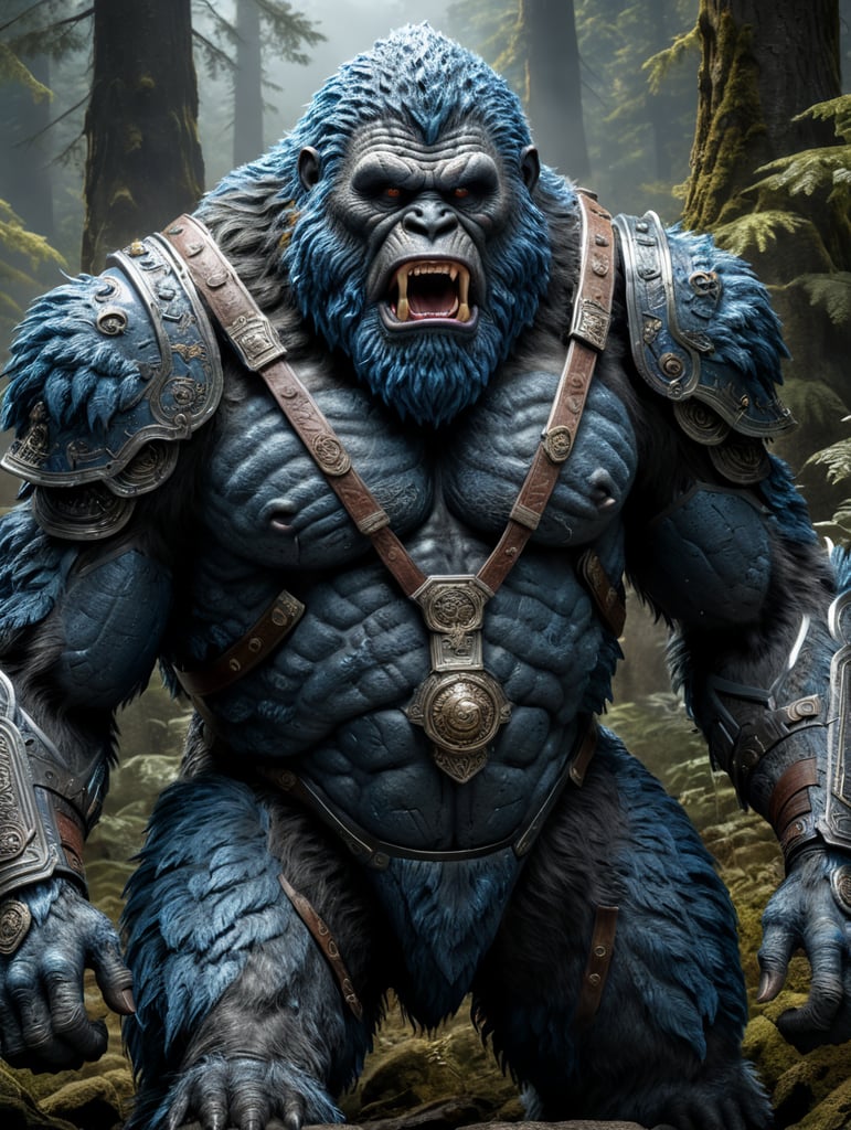 full body shot of blue sasquatch, remove mouth and nose, wearing a Roman legionnaires costume