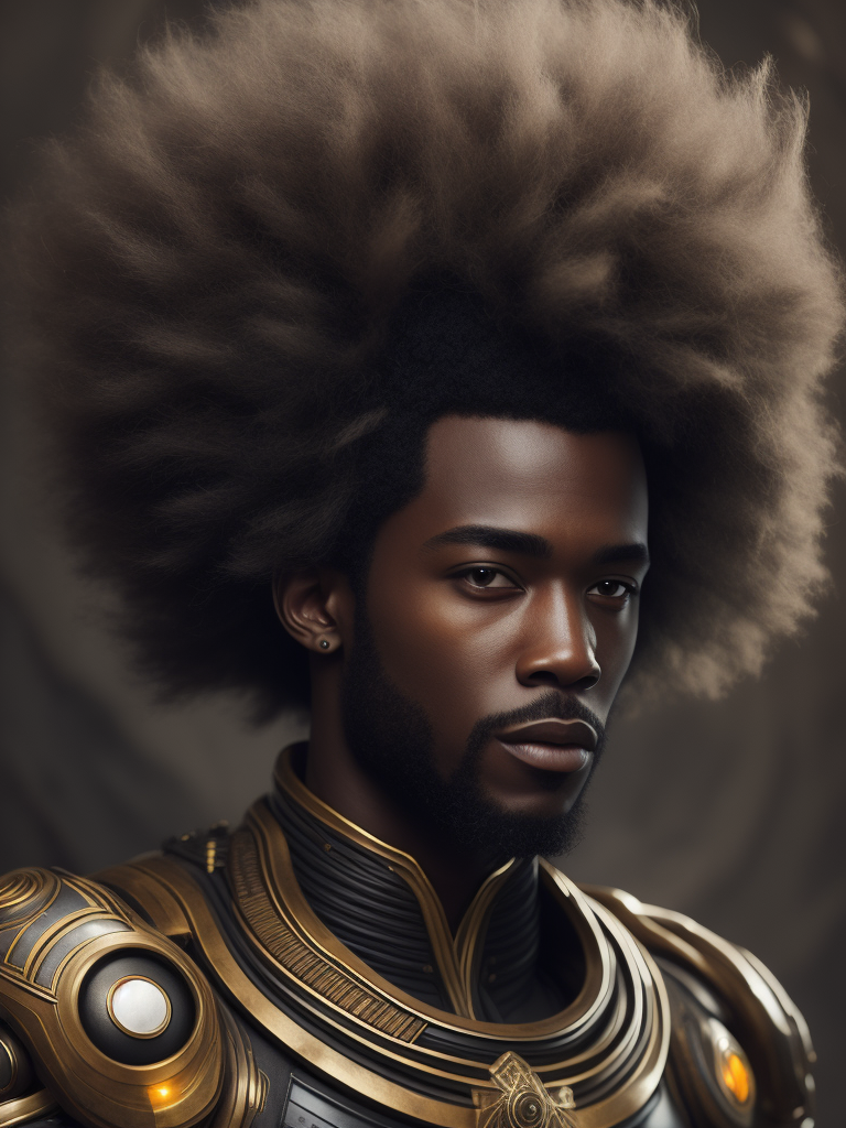 portrait of a male character, afro, with futuristic touches and that is an African god