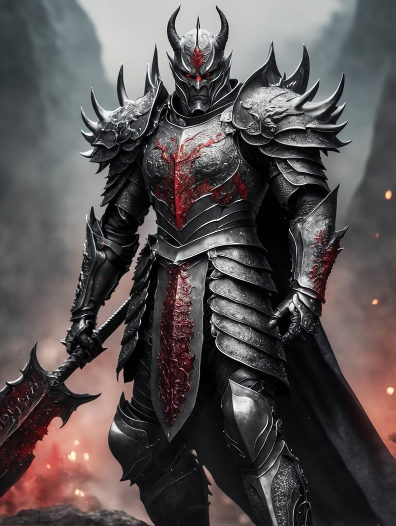 the dark knigth devil, blood of dragon battle in his armor, view full body, in the style poster art, medieval, intricate, dark gray realistic, 4k , relation aspect 16 9, cinematic 200mm