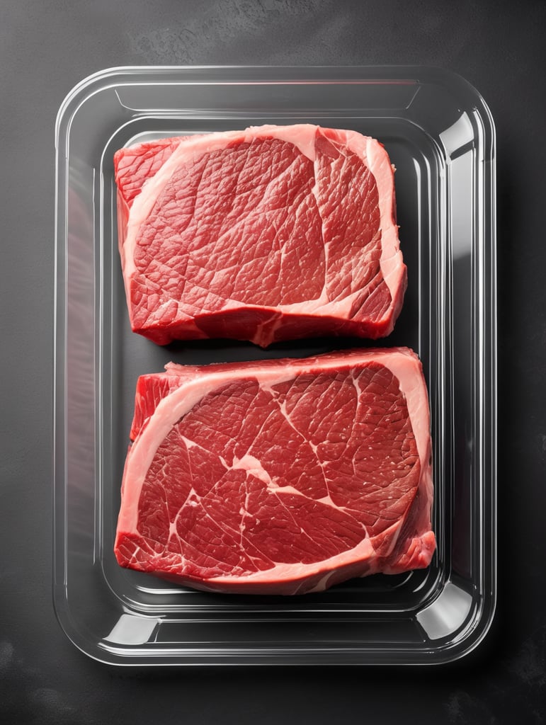 ready of cooking steak new york in a transparent plastic tray, top view, isolated, mockup