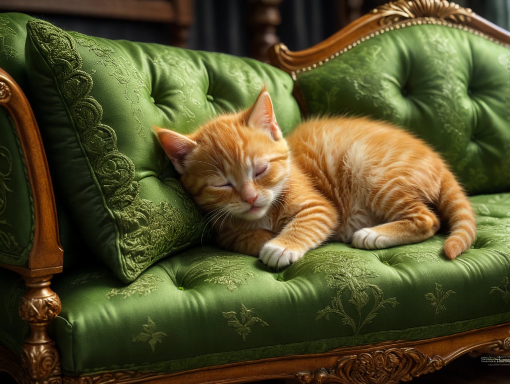 Small ginger kitten asleep on a simple full size settee covered in plain green fabric. View whole of settee.
