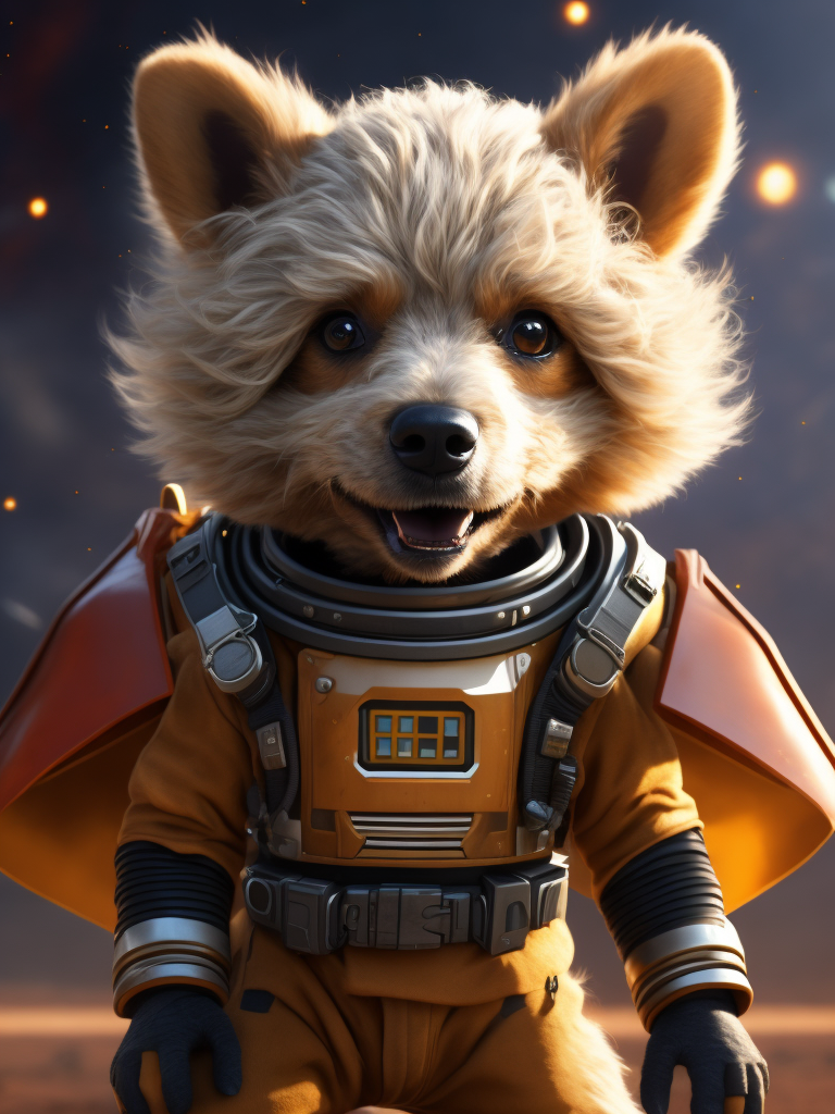 A curly poodle like a Rocket Raccoon from Guardians of the Galaxy wearing astronaut costume on the Mars