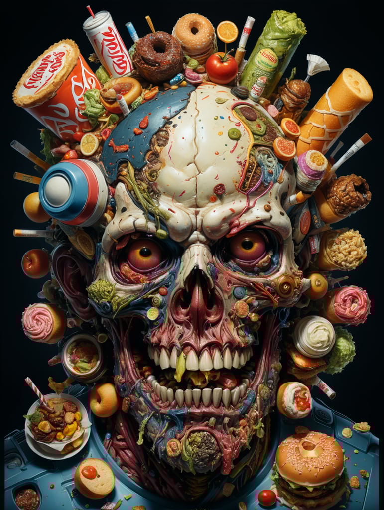 The anatomy of a zoombie head made of junk food, an ultrafine detailed painting by james jean, octopath traveler, behance contest winner, vanitas, angular, altermodern, surreal