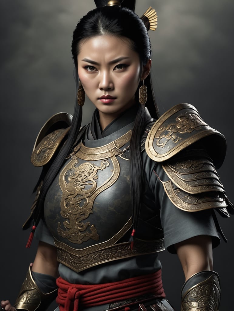 Kinai harcos nő. Sötét háttérrel