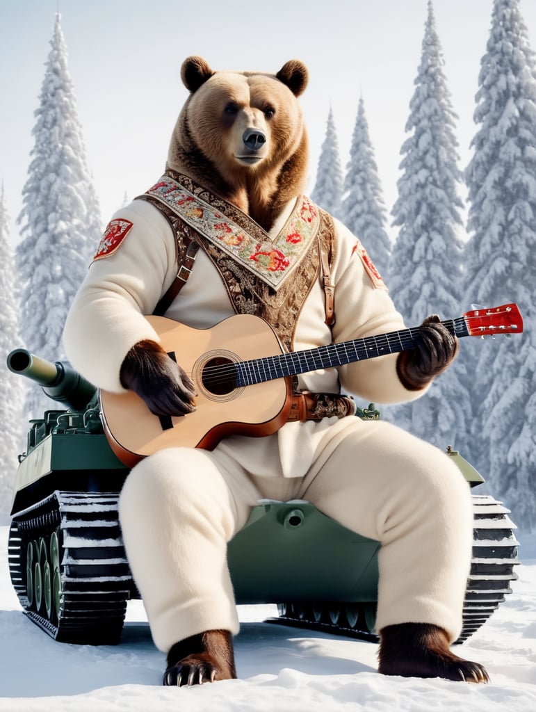 full body, (Russian winter, ((bear sitting on a battle tank with a balalaika)), a bottle of vodka, a bear in a national Russian costume, clothes in Russian folk style, embroidery on clothes,), ((glow)), hyper-detail, hyper-realism, sharp shot, action-packed background, (bokeh effect)