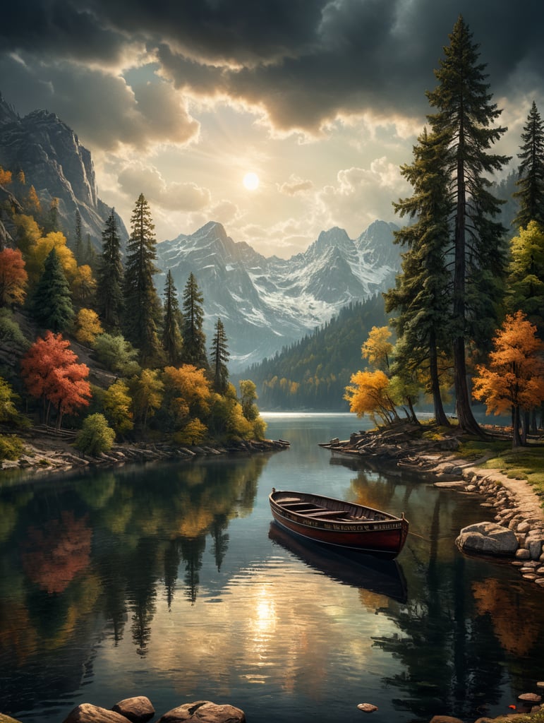 Vintage stamp lake boat trees