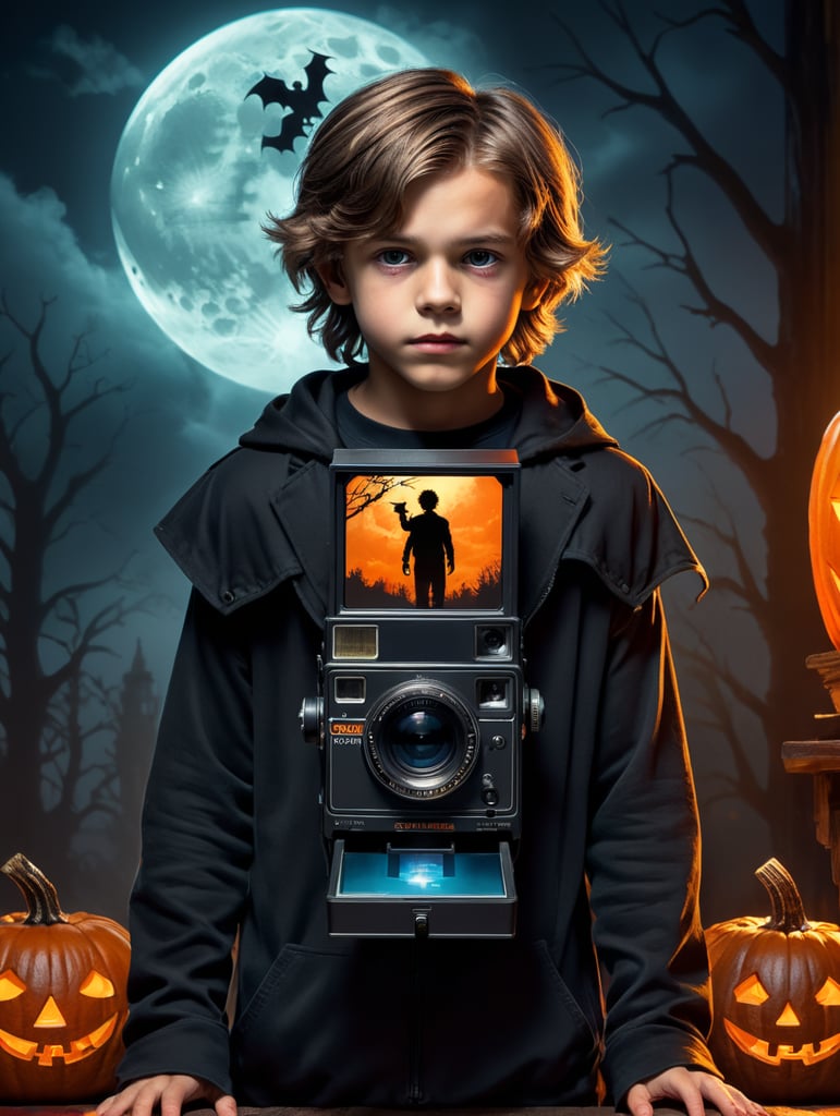 Boy reminiscent of Cole Sear from "The Sixth Sense" holding a polaroid-style photo that contains a screen displaying the silhouette of the observer with a terrifying Halloween figure's silhouette lurking behind the observer. He's pointing behind from the viewer's perspective as the camera is ready to capture an image. He's wearing a creepy Halloween costume with touches of an innocent high school student. Vivid saturated colors, Contrast color.