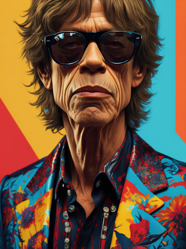 Mick Jagger wearing a brightly patterned jacket and wayfarer glasses, Vivid saturated colors, Contrast color, face in the center of the picture