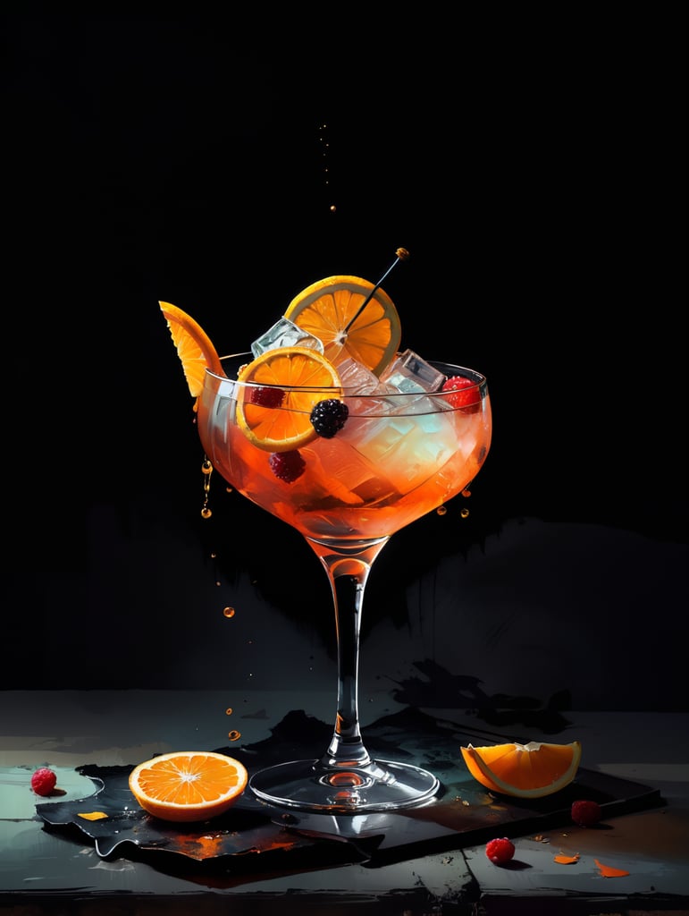 gin cocktail with dried slices of fruit, salt on rim, studio lighting